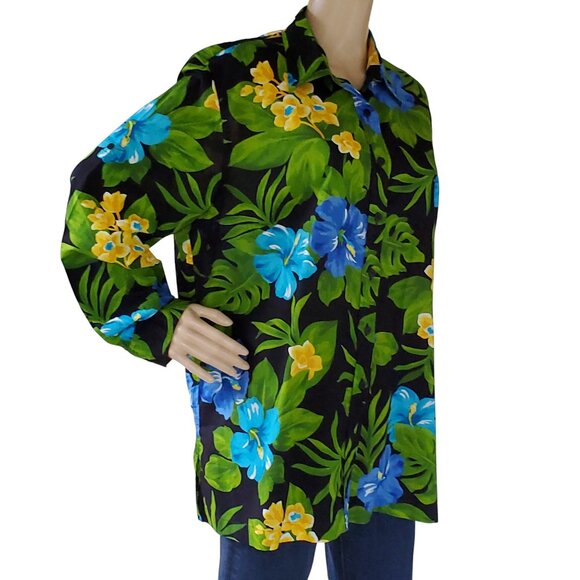 JONES NEW YORK Tropical Floral Blouse Women's 1x Plus Button Tab Sleeve Cotton - Picture 12 of 16
